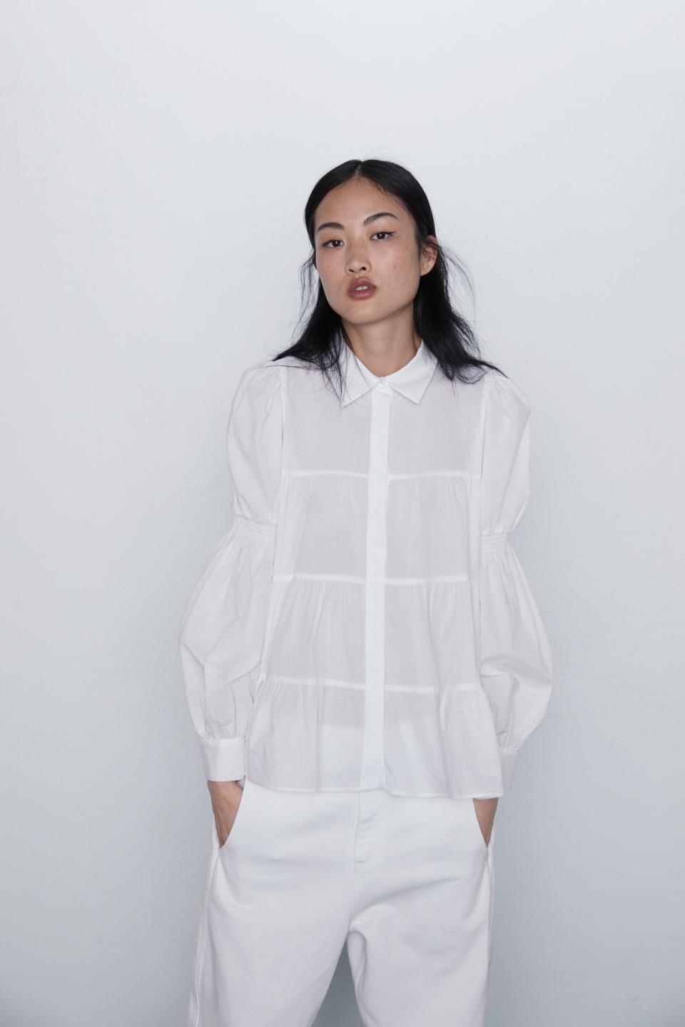 Zara’s Join Life collection—like this white cotton tiered shirt and pants—puts the emphasis on style and sustainability.