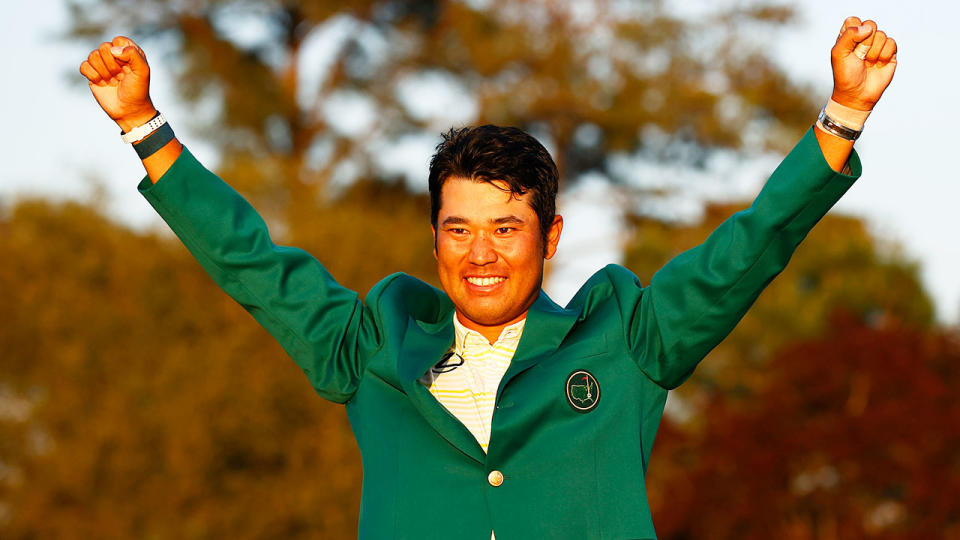 Seen here, Hideki Matsuyama celebrates after winning the green jacket at the Masters.