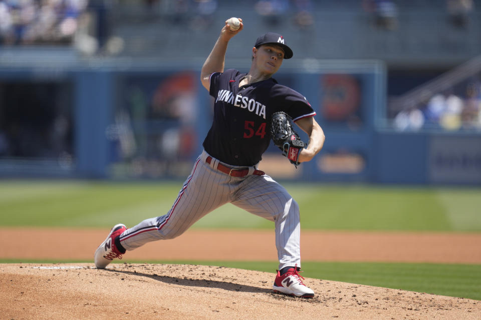 Minnesota Twins starting pitcher Sonny Gray (54) throws during the first inning of a baseball game against the Los Angeles Dodgers in Los Angeles, Wednesday, May 17, 2023. (AP Photo/Ashley Landis)