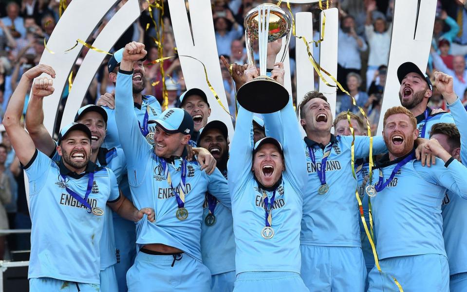 uly 14, 2019 England's captain Eoin Morgan lifts the World Cup trophy on the pitch after the 2019 Cricket World Cup final between England and New Zealand at Lord's Cricket Ground in London - GETTY IMAGES