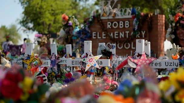PHOTO: A makeshift memorial honoring those recently killed is formed around Robb Elementary School, July 10, 2022, in Uvalde, Texas.  (Eric Gay/AP)
