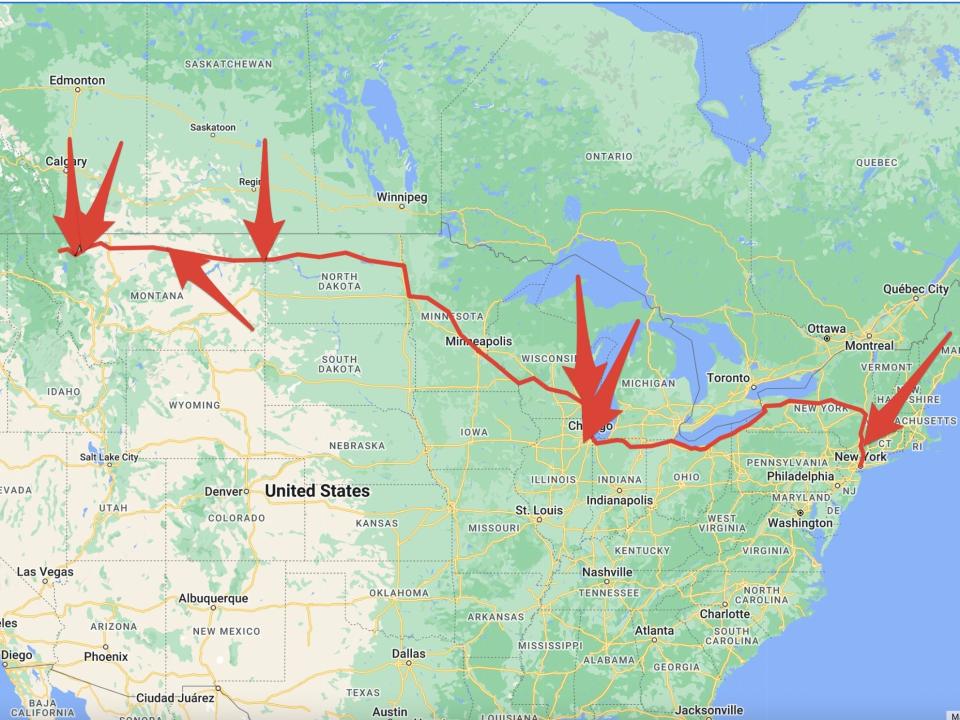 A map of scenic views on the train journey between Montana and New York.