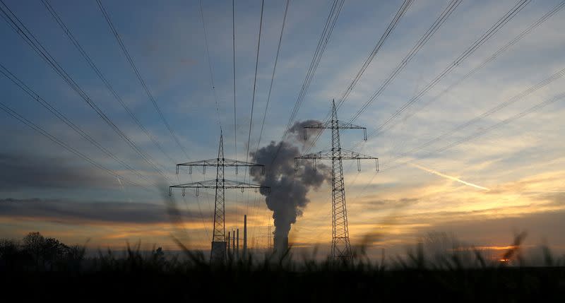 FILE PHOTO: Genreal view of electricity pylons and power lines leading from the Uniper coal power plant in Hanau