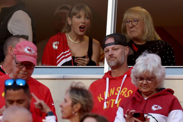 <p>Jamie Squire/Getty </p> Taylor Swift (left) and Donna Kelce at the Kansas City Chiefs game on Oct. 12.