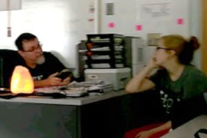 From left: Tad Cummins and Elizabeth Thomas in the classroom in January.