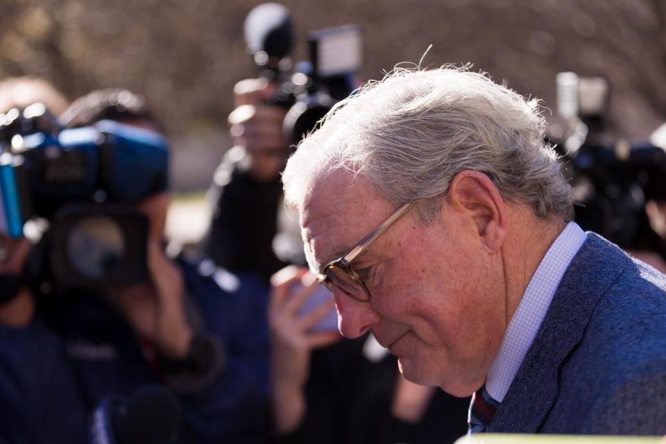 Former El Paso Mayor Dee Margo talks to the media after he walks out of the Albert Armendariz Sr. Federal Courthouse in El Paso, Texas on Wednesday, Feb. 8, 2023 after Patrick Crusius, the shooting suspect, pleads guilty to 90 federal charges in connection with the Aug. 3, 2019 shooting at Cielo Vista-area Walmart in El Paso, Texas.