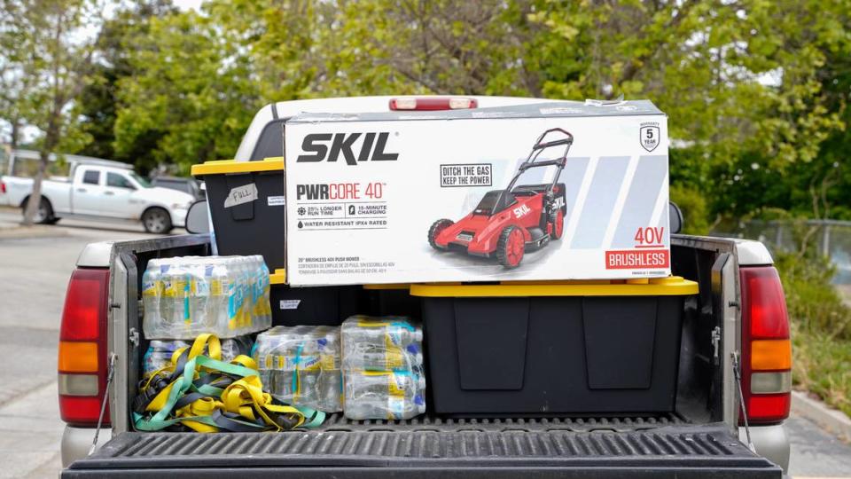 Donated goods in sit in a truck bed at a donation event hosted by First Baptist Nipomo. The church conducts monthly outreach and donation efforts with South County’s homeless population, where unhoused residents can stock up on clothing and other essentials.