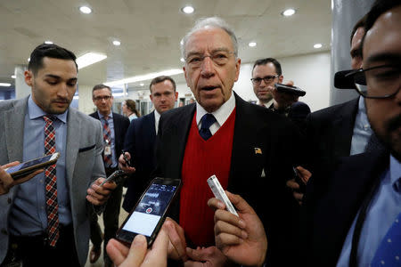 FILE PHOTO - Sen. Chuck Grassley speaks with reporters ahead of votes on Capitol Hill in Washington, U.S., December 6, 2017. REUTERS/Aaron P. Bernstein