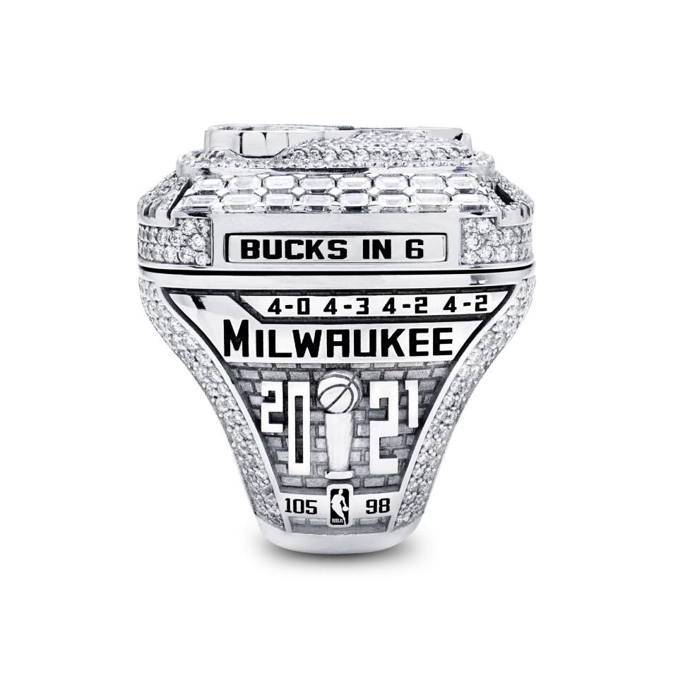 A view of the Milwaukee Bucks championship ring, with a design that mimics the look of Fiserv Forum facing the plaza on the arena's east side.