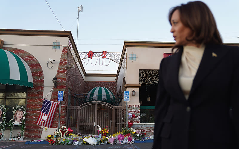 Vice President Harris looks back at a memorial as she pays her respects to the victims of a mass shooting at Star Dance Studio in Monterey Park, Calif., on Jan. 25. Harris was visiting a memorial and families of the victims of the Jan. 21 mass shooting that left 11 dead and 10 injured. <em>Allison Dinner/UPI Photo</em>