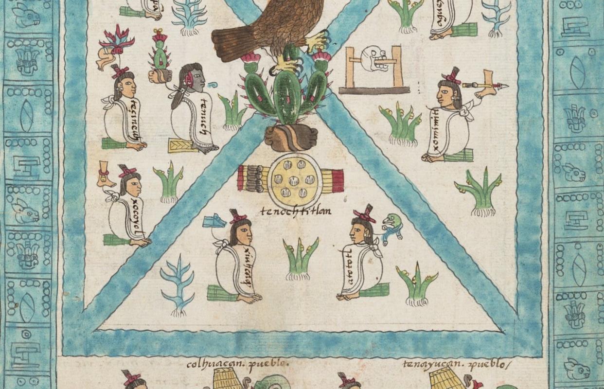 Primera página del 'Códice Mendoza', donde se muestra la alegoría fundacional de México-Tenochtitlan. El códice mezcla pictogramas con escritura alfabética castellana. <a href="https://es.wikipedia.org/wiki/Archivo:CodexMendoza01.jpg" rel="nofollow noopener" target="_blank" data-ylk="slk:Wikimedia Commons;elm:context_link;itc:0;sec:content-canvas" class="link ">Wikimedia Commons</a>