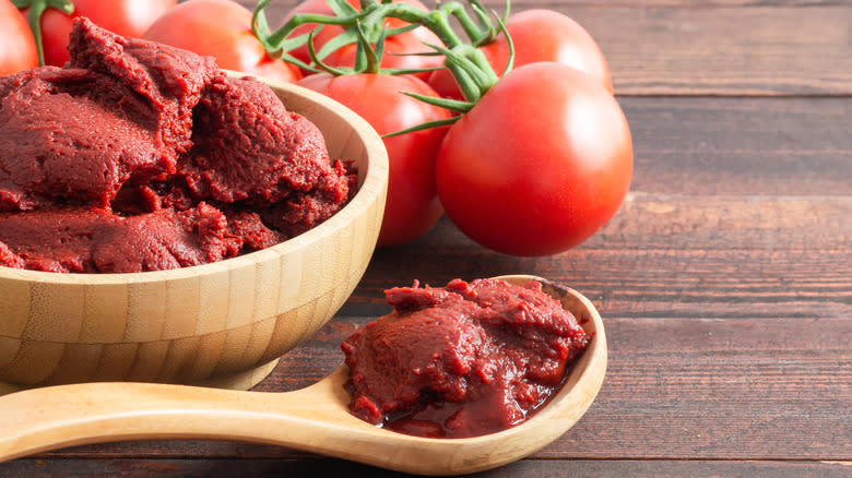 Tomato paste on wooden spoon