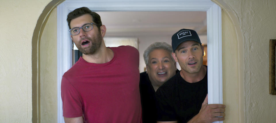 This image released by Universal Pictures shows, from left, Billy Eichner, Harvey Fierstein and Luke Macfarlane in a scene from "Bros." (Universal Pictures via AP)