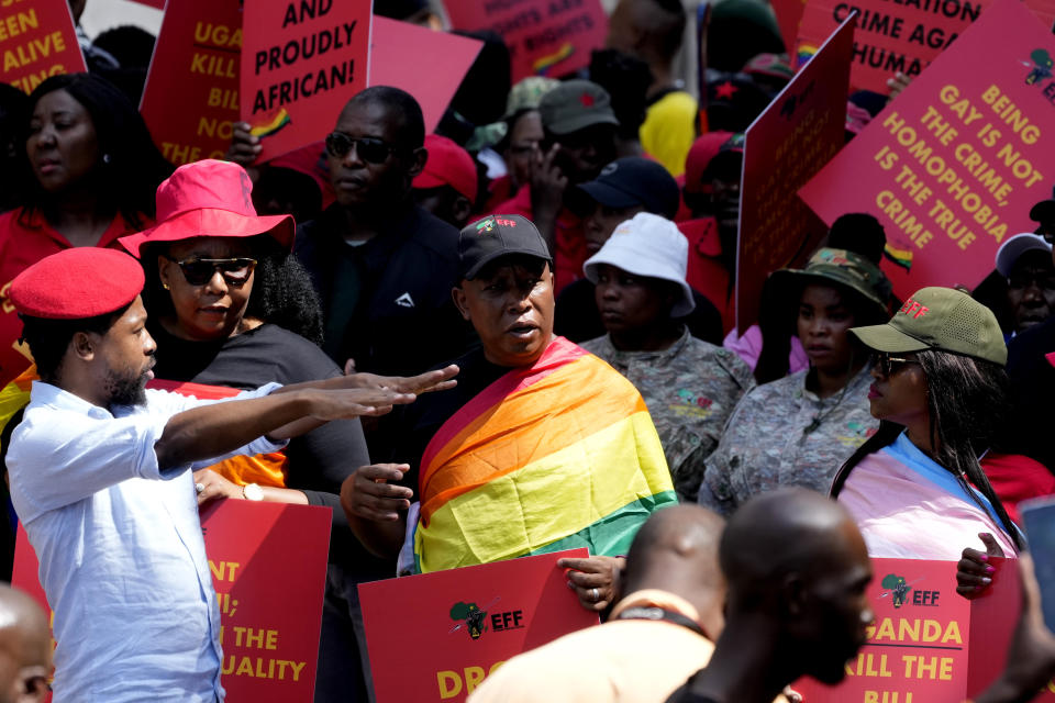 The Economic Freedom Fighters (EFF) leader Julius Malema during their picket against Uganda's anti-homosexuality bill at the Ugandan High Commission in Pretoria, South Africa, Tuesday, April 4, 2023. Uganda's legislature last week passed the anti-homosexuality bill. The legislation is now with President Yoweri Museveni, who can sign it into law or return it back to the parliamentary speaker with proposed changes. (AP Photo/Themba Hadebe)