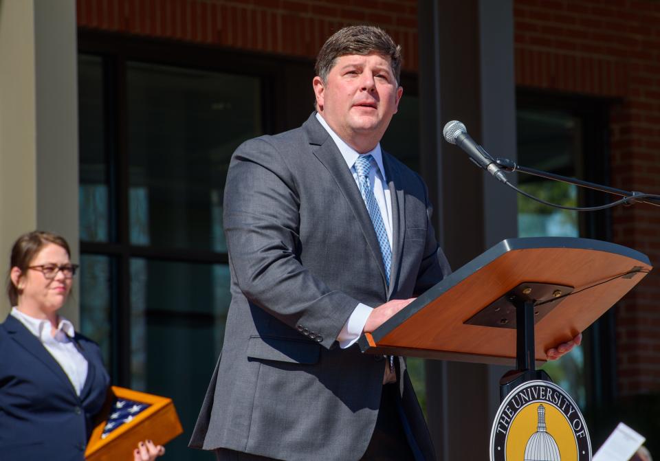Rep. Steve Palazzo speaks during the ribbon-cutting ceremony for the Southern Miss Quinlan-Hammond Hall of Honor in Hattiesburg on Friday, Feb. 11, 2022.