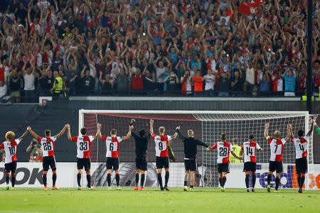 Football Soccer - Feyenoord v Manchester United - UEFA Europa League Group Stage - Group A - De Kuip Stadium, Rotterdam, Netherlands - 15/9/16 Feyenoord players celebrate at the end of the match Reuters / Michael Kooren