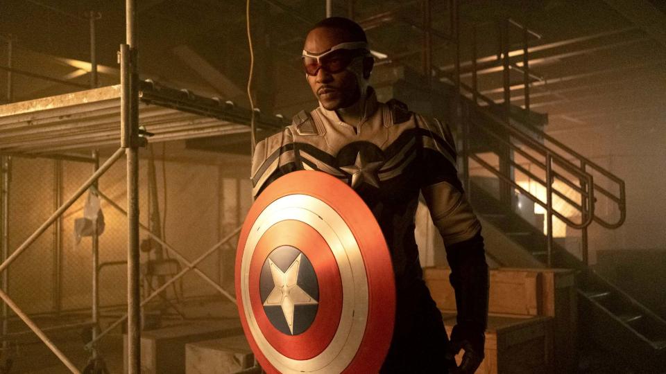 Anthony Mackie with the Captain America shield in The Falcon and the Winter Soldier