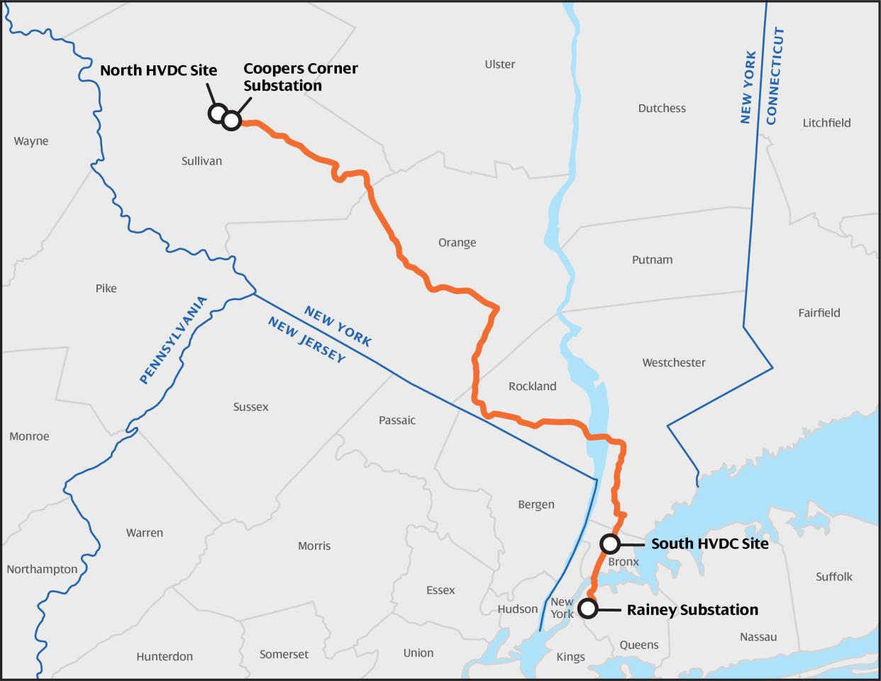 A map of the transmission line proposed by Avangrid for a project that would bring clean energy to the city.