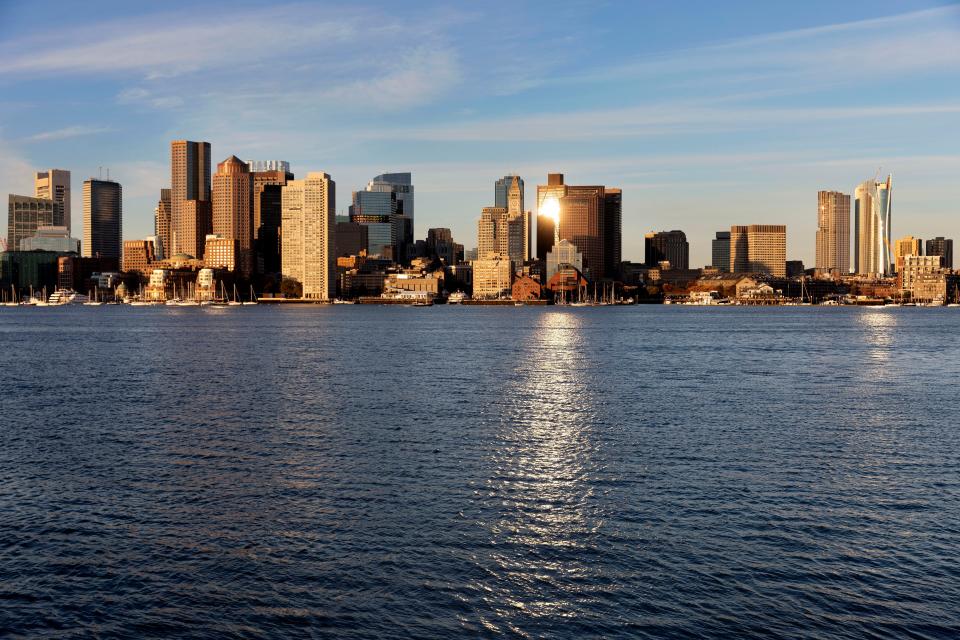 Boston harbor and the city skyline are seen, Friday, Oct. 28, 2022, in Boston.