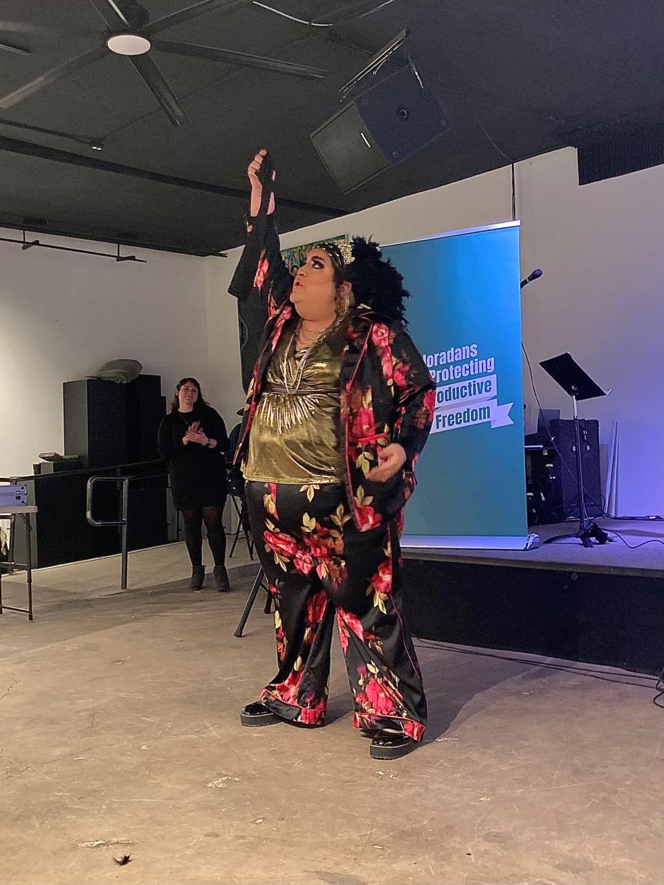 Pueblo drag queen Tara T. Pantease performs a routine to a remix of Aretha Franklin's hit "Respect" at a "Bigger than Roe" event at Blo Back Gallery on Jan. 23, 2024.