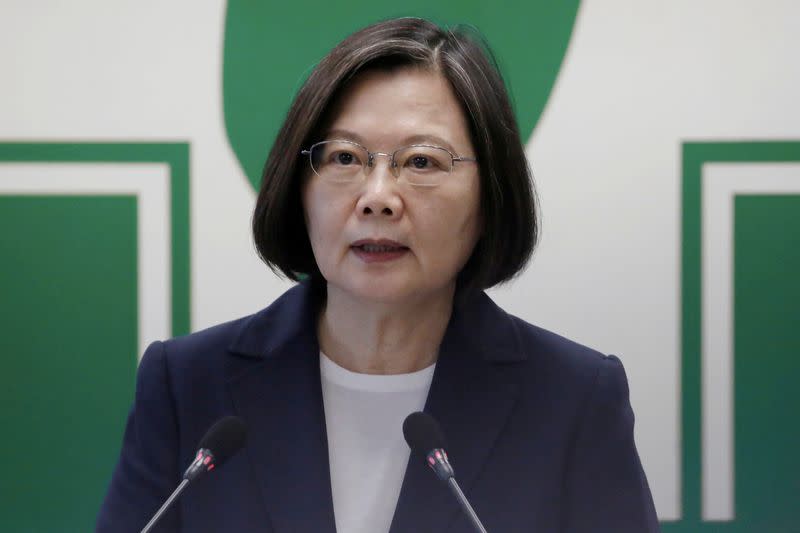 FILE PHOTO: Taiwan President Tsai Ing-wen speaks to the media in Taipei