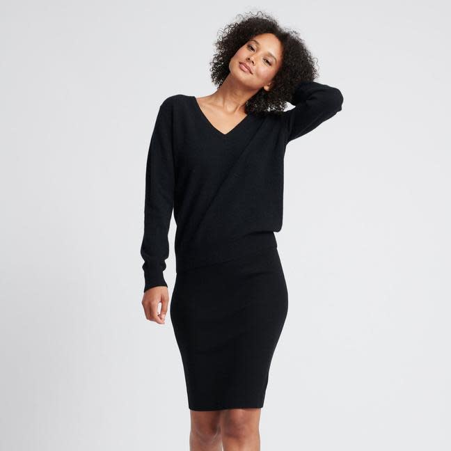 Naadam cashmere ribbed cropped cardigan and ribbed pencil skirt. (Credit: Naadam)