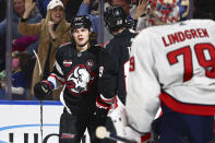 Buffalo Sabres right wing JJ Peterka (77) celebrates his goal during the first period of an NHL hockey game against the Washington Capitals Tuesday, April 2, 2024, in Buffalo, N.Y. (AP Photo/Jeffrey T. Barnes)
