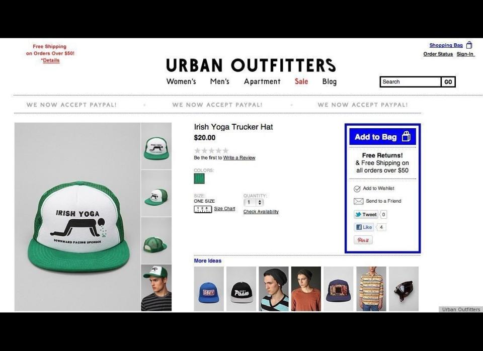 Surprisingly, the offensive St. Patrick's Day-themed items have not been pulled from Urban Outfitters' shelves, even when this trucker cap outraged Irish and Irish-American people.     (<a href="http://www.huffingtonpost.com/2012/03/01/urban-outfitters-st-patricks-day-clothes-_n_1313242.html" target="_hplink">Urban Outfitters</a>)