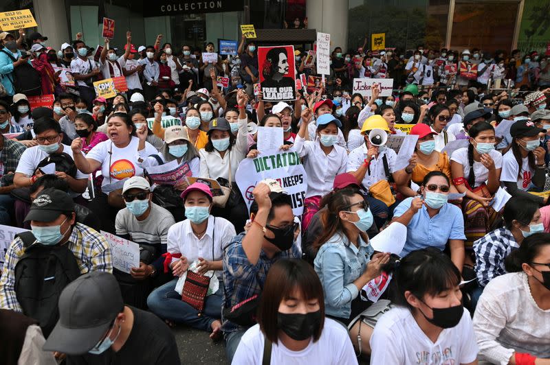 Factory workers rally against the military coup in Yangon