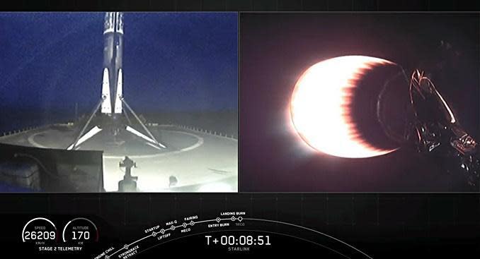 In side-by-side views from SpaceX, the Falcon 9's first stage, at left, is seen moments after a pinpoint landing on the droneship 