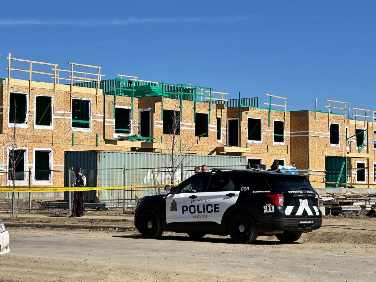 Police were on scene in the Cavanagh neighbourhood of south Edmonton investigating a shooting on Monday afternoon. (Trevor Wilson/CBC - image credit)