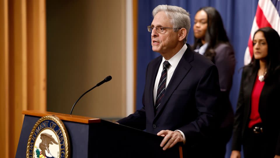WASHINGTON, DC - JANUARY 24: U.S. Attorney General Merrick Garland speaks during a news conference on a new antitrust lawsuit against Google at the Justice Department on January 24, 2023 in Washington, DC. The Justice Department and states including California, New York, Colorado and Virginia, have filed a lawsuit against Google over the company's monopolization of the market for online ads.  (Photo by Anna Moneymaker/Getty Images) - Anna Moneymaker/Getty Images