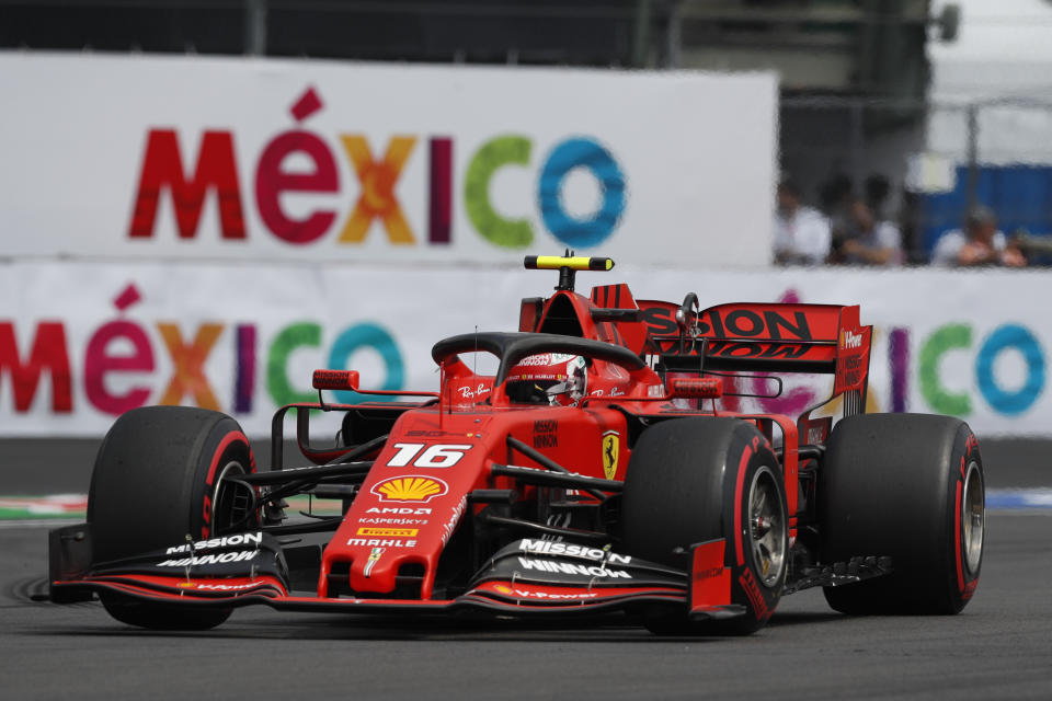 Ferrari driver Charles Leclerc, of Monaco, competes during the qualifying session for the Formula One Mexico Grand Prix auto race at the Hermanos Rodriguez racetrack in Mexico City, Saturday, Oct. 26, 2019. (AP Photo/Rebecca Blackwell)