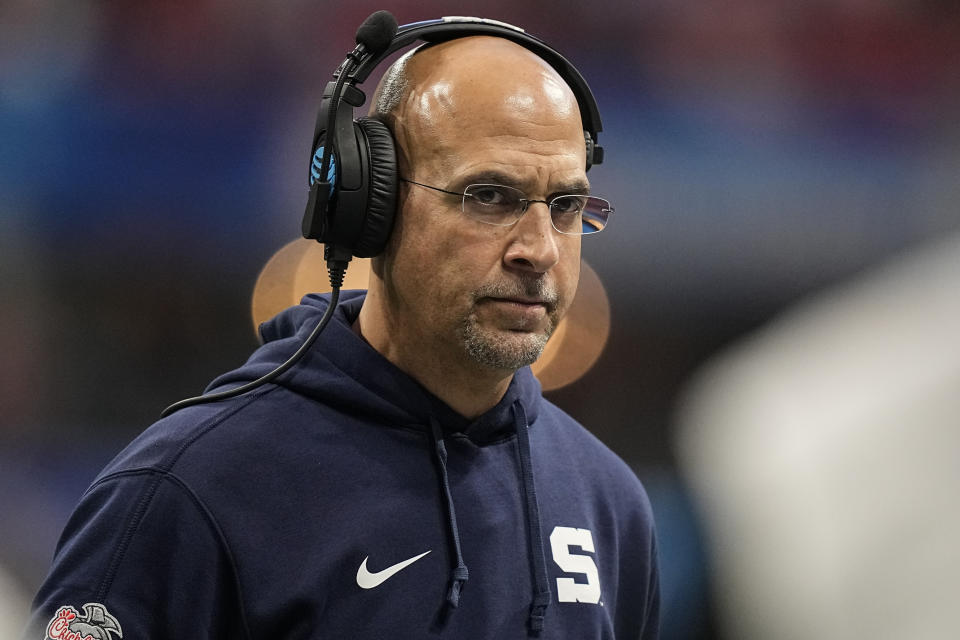 Penn State head coach James Franklin walks on the sidelines during the first half of the Peach Bowl NCAA college football game against Mississippi, Dec. 30, 2023, in Atlanta. An internal review by Penn State in 2019 found evidence of “friction” between football coach James Franklin and a now-former team doctor. However, it could not determine whether Franklin violated NCAA rules or Big Ten standards by interfering with medical decisions. (AP Photo/Brynn Anderson)