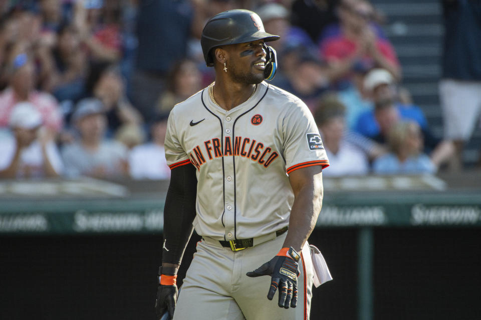 San Francisco Giants' Jorge Soler walks back to the dugout after striking out against Cleveland Guardians relief pitcher Hunter Gaddis during the eighth inning of a baseball game in Cleveland, Saturday, July 6, 2024. (AP Photo/Phil Long)