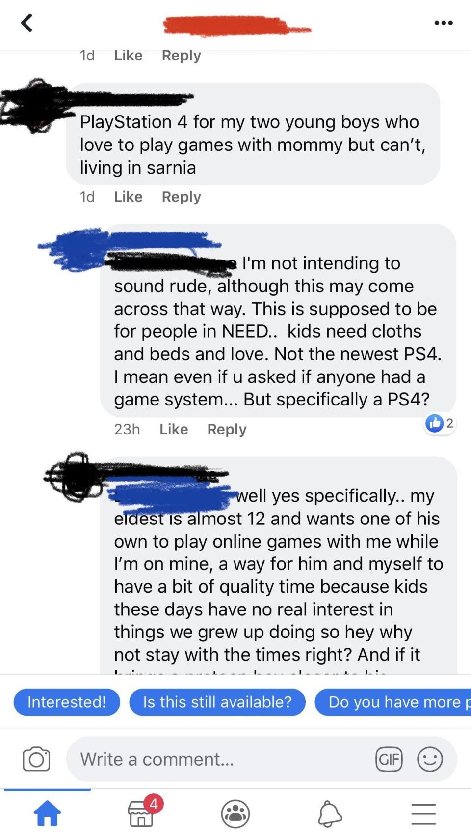 Person asking for a PS4 so her two sons can "play with Mommy"