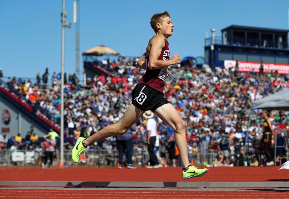 State College’s Nick Scoff competes in the boys Class 3A 1600 meter run finals during the PIAA State Track and Field Championships held Friday at Seth Grove Stadium on the Shippensburg University campus in Shippensburg.