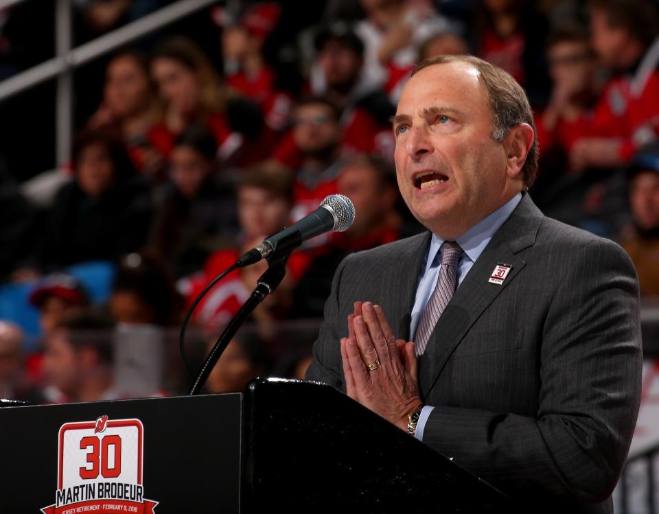 NEWARK, NJ - FEBRUARY 09:  NHL commisioner Gary Bettman addresses the fans during a ceremony for former New Jersey Devils goaltender Martin Brodeur as his jersey is retired in a ceremony before the game between the New Jersey Devils and the Edmonton Oilers on 9, 2016 at Prudential Center in Newark, New Jersey.  (Photo by Elsa/Getty Images)