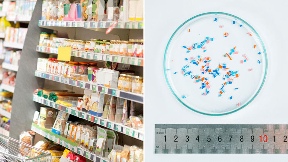 Pictured is a generic supermarket aisle and a lab testing microplastics