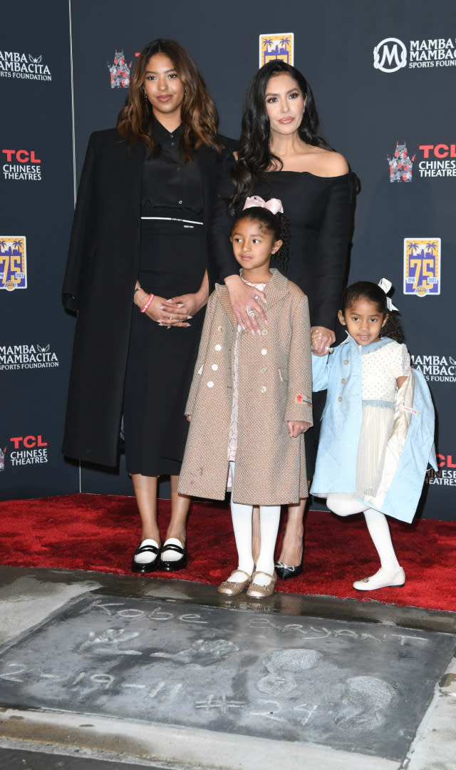 HOLLYWOOD, CALIFORNIA – MARCH 15: (L-R) Natalia Bryant, Vanessa Bryant, Bianka Bryant and Capri Bryant attend a ceremony unveiling and permanently placing Kobe Bryant’s hand and footprints in the forecourt of the TCL Chinese Theatre on March 15, 2023 in Hollywood, California. <em>Photo by JC Olivera/Getty Images.</em>