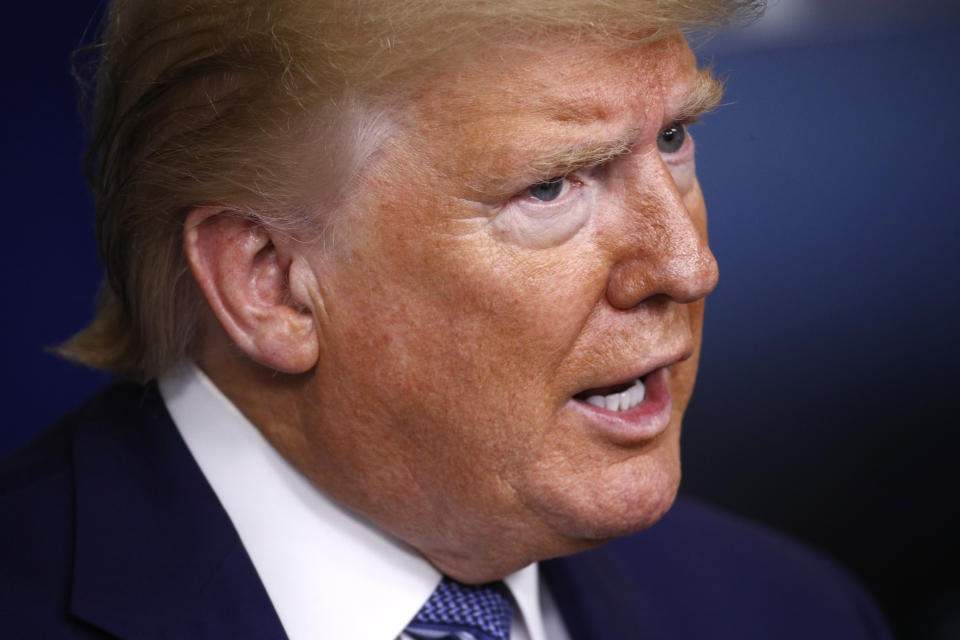 President Donald Trump speaks during a coronavirus task force briefing at the White House, Sunday, April 5, 2020, in Washington. (Patrick Semansky/AP)