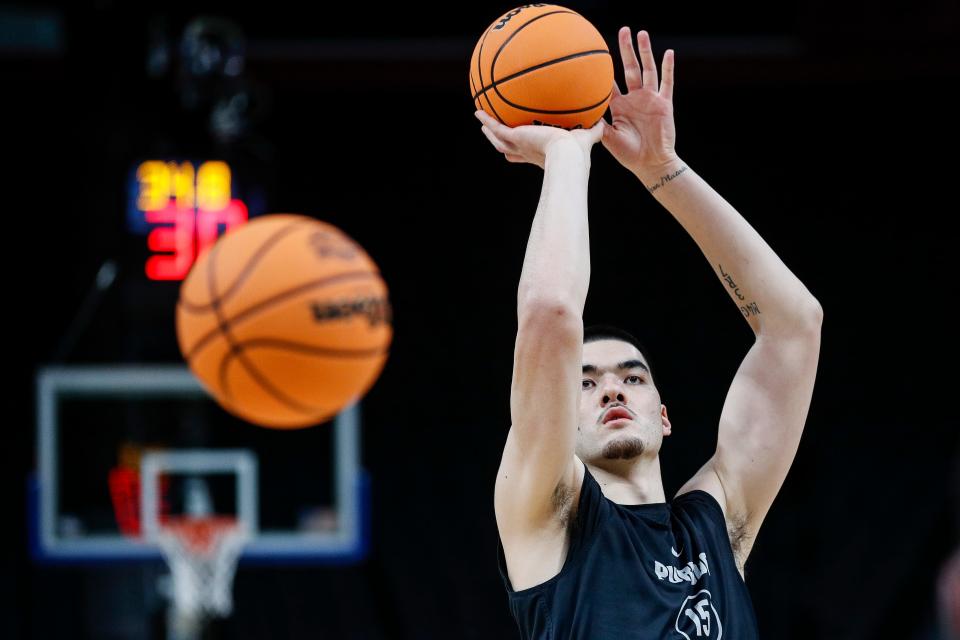 Purdue center Zach Edey (15) during open practice before the Midwest Regional Sweet 16 round at Little Caesars Arena in Detroit on Thursday, March 28, 2024.