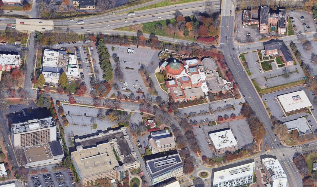 An aerial view of the the proposed site of Project Aspire, which encompasses the downtown YMCA, SECU and First Baptist Church.