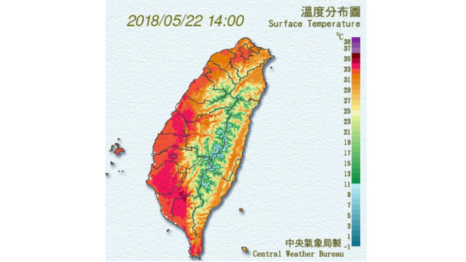 烤番薯！昨(22日)出現35度高溫，週末可能突破36度！圖／中央氣象局