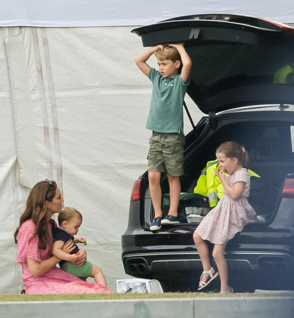 WOKINGHAM, ENGLAND - JULY 10: Catherine, Duchess of Cambridge, Prince Louis, Prince George and Princess Charlotte attend The King Power Royal Charity Polo Day at Billingbear Polo Club on July 10, 2019 in Wokingham, England. (Photo by Samir Hussein/WireImage)