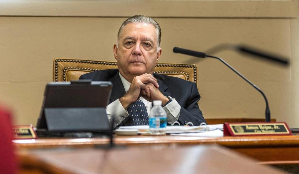 Newly appointed Coral Gables City Manager Amos Rojas Jr. during a City Commission meeting at City Hall on Tuesday, March 12, 2024.