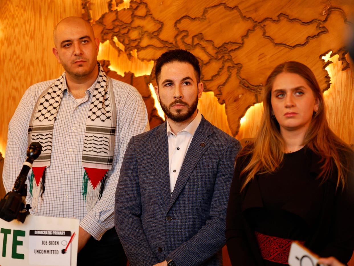 From left: Abbas Alawieh, Dearborn Mayor Abdullah Hammoud, and Layla Elabed at a press conference in Dearborn in February.