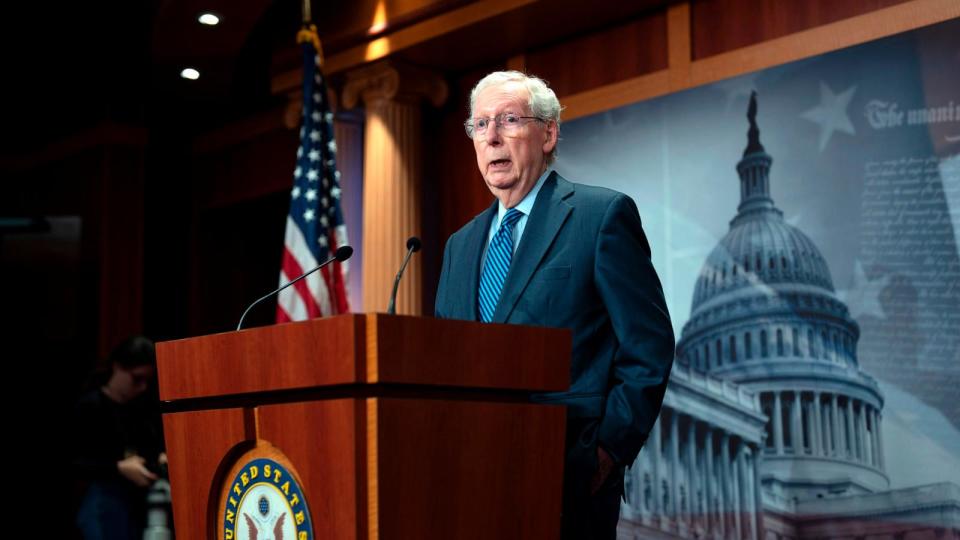 PHOTO: Senate Minority Leader Mitch McConnell praises support for Ukraine as the Senate is on track to pass $95 billion in war aid to Ukraine, Israel and Taiwan, at the Capitol in Washington, D.C., on April 23, 2024. (J. Scott Applewhite/AP)