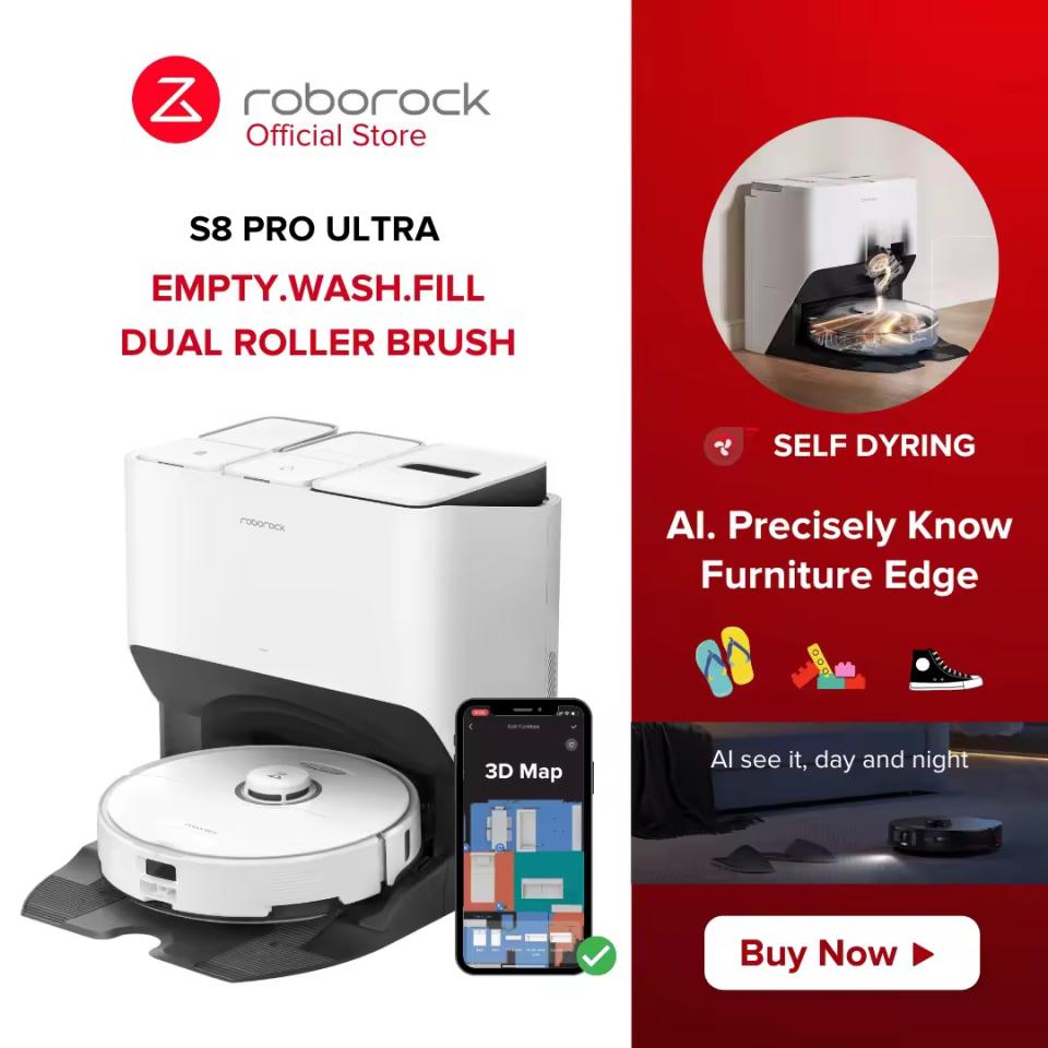 [NEW] Roborock S8 PRO ULTRA Self Drying + Empty Wash Fill 6000Pa HyperSuction Dual Roller Brush Ultrasonic Mopping 3D AI. (Photo: Lazada SG)