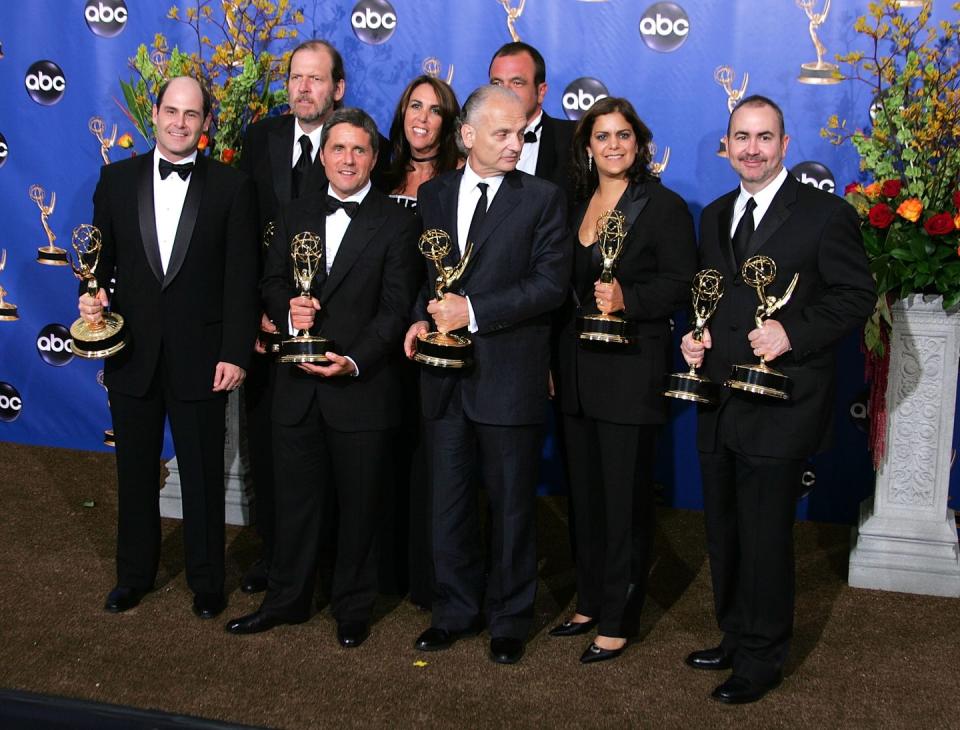 <p>The producers behind HBO's <em>The Sopranos </em>pose backstage at the Shrine Auditorium. The show collected 18 Emmys during its six season run.</p>